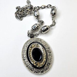 Black and Silver tone Oval Pendant Necklace
